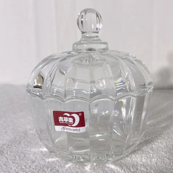 Vintage Deli Qing Ping Guo Green Apple Clear  Glass Trinket Dish & Lid - Picture 5 of 16